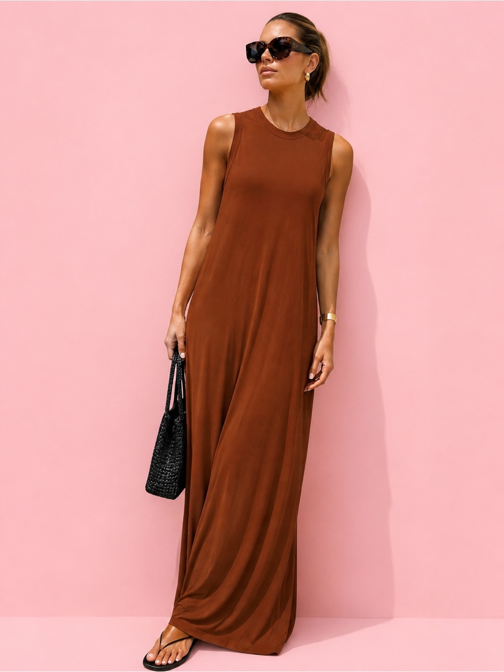 Joan Vass Rust Brown Sleeveless Stretch Knit Maxi Dress L Soft Jersey